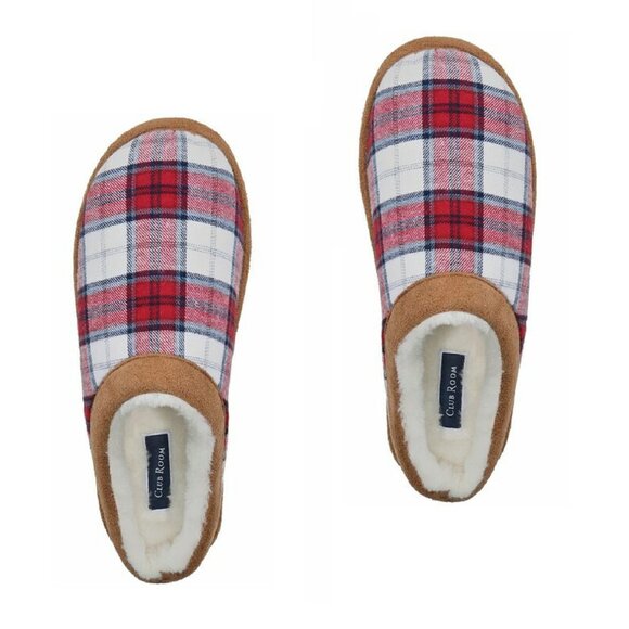 new Club Room Men's Blackwatch Red Tartan Slip-On Slippers in Size Small 6 - 7 - Picture 1 of 9